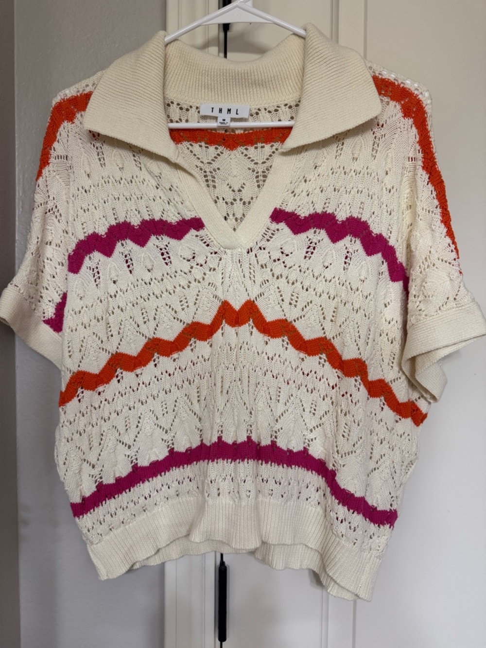 THML Cream Open-Knit Collared V-Neck Crotchet Top with Pink & Orange Zigzags